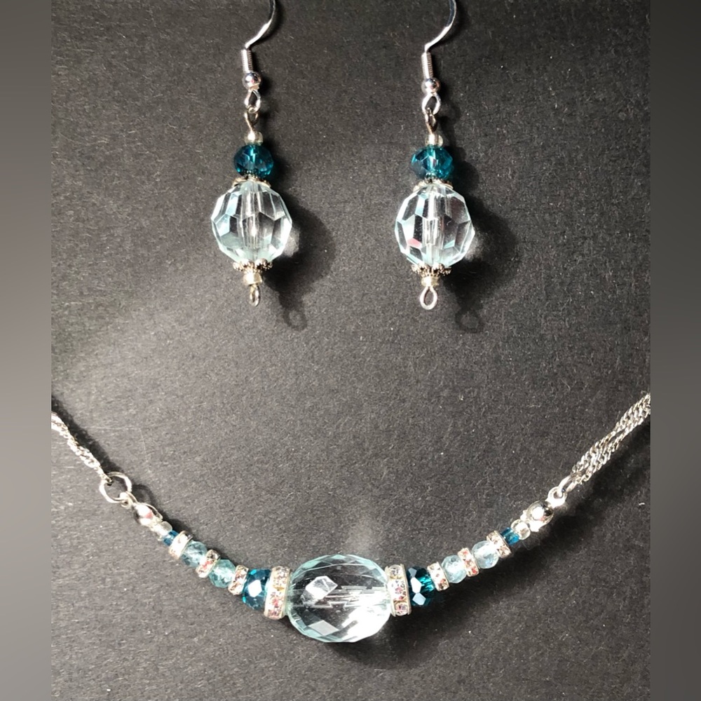 HAND CRAFTED necklace earring gift set Blue Silver upcycled clear glass beads